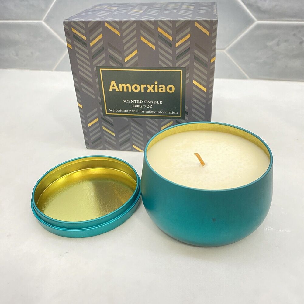 Amorxiao Scented Soy Candle Lemongrass Tea Teal Gift Boxed 7 Ounce NWT